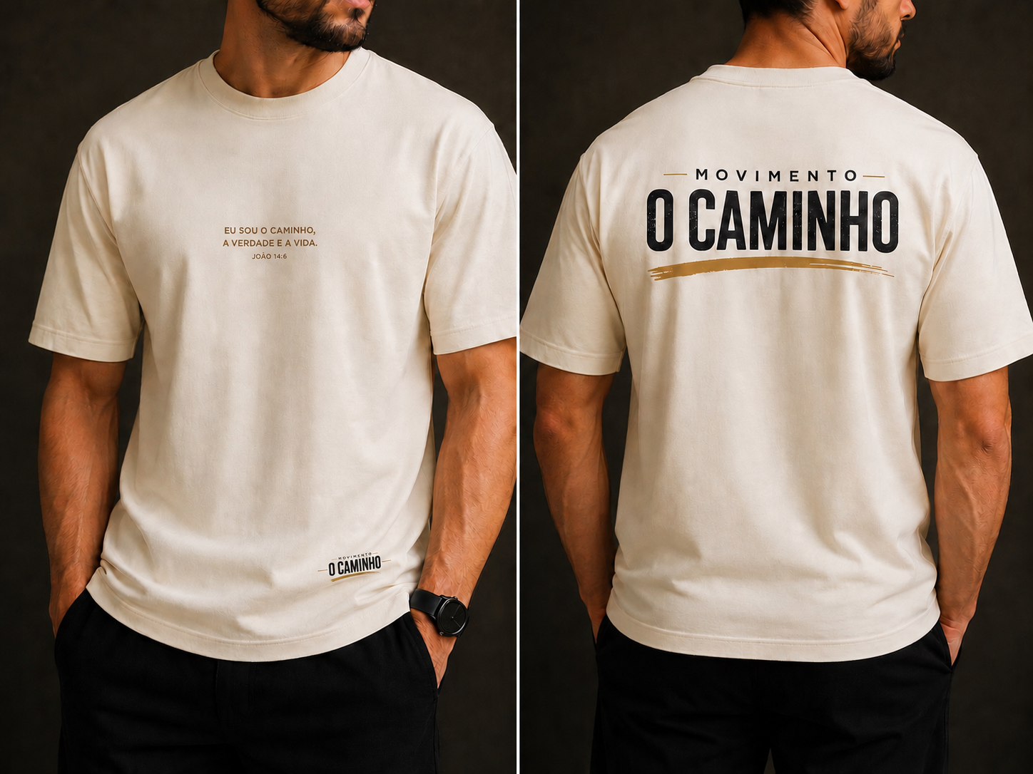 Camiseta oficial O Caminho vestida — frente com João 14:6 e costas com a logo